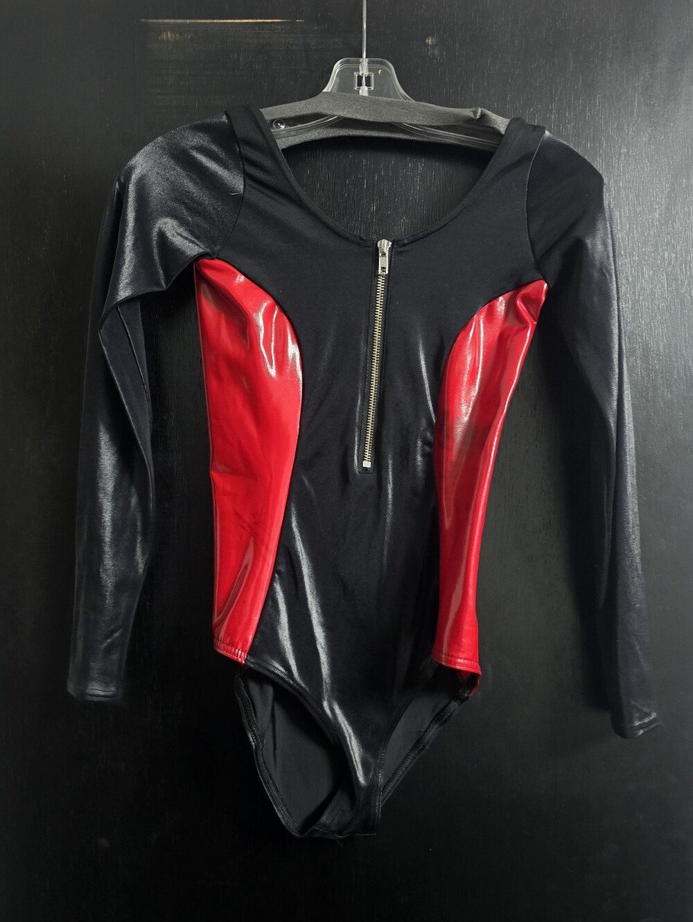 Blackmilk Red Battle Suit - Long Sleeve Bodysuit with Red PVC Panels & Front Zip - Picture 2 of 6